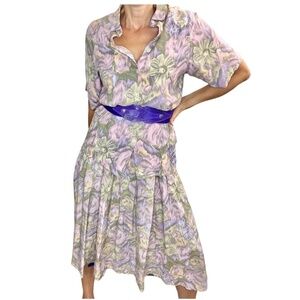 Vintage Relance purple floral midi skirt blouse set S